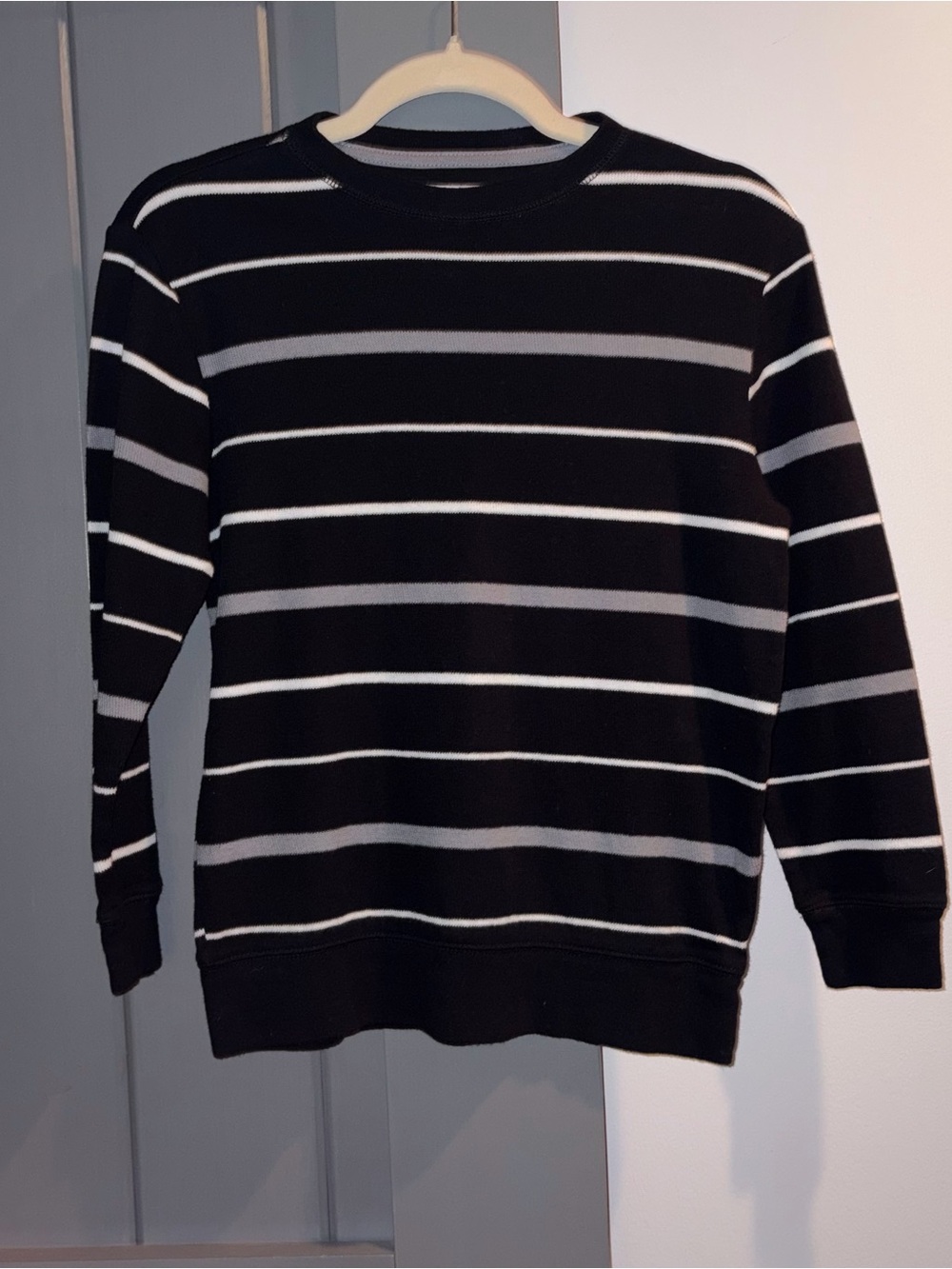 Old Navy Black Crewneck Sweater with White and Gray Stripes